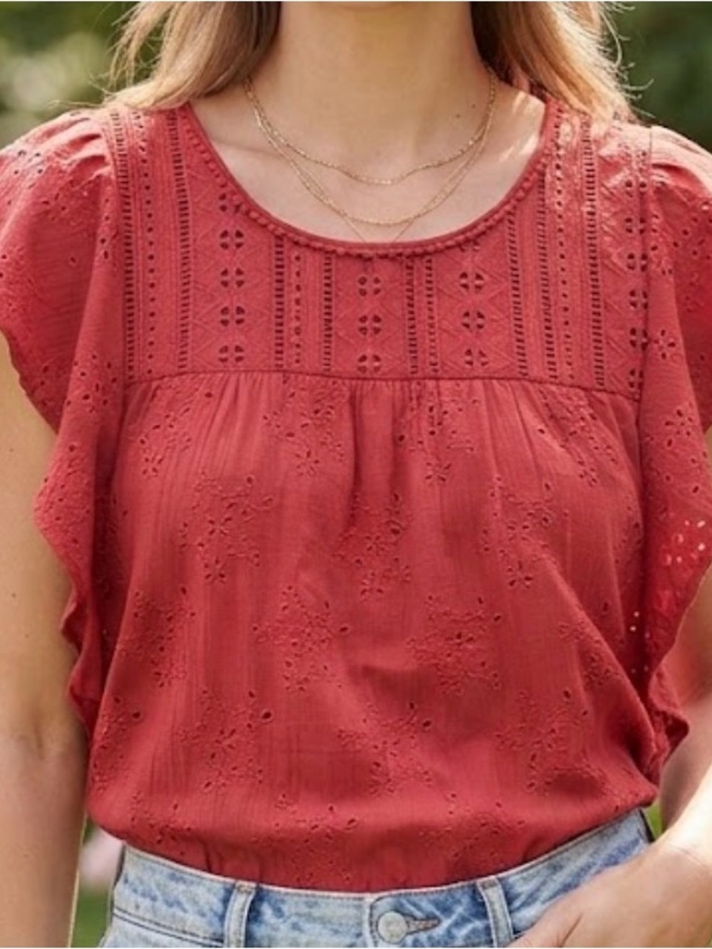 Knox Rose Red Eyelet Ruffle Sleeve Blouse Size L Boho Cottagecore